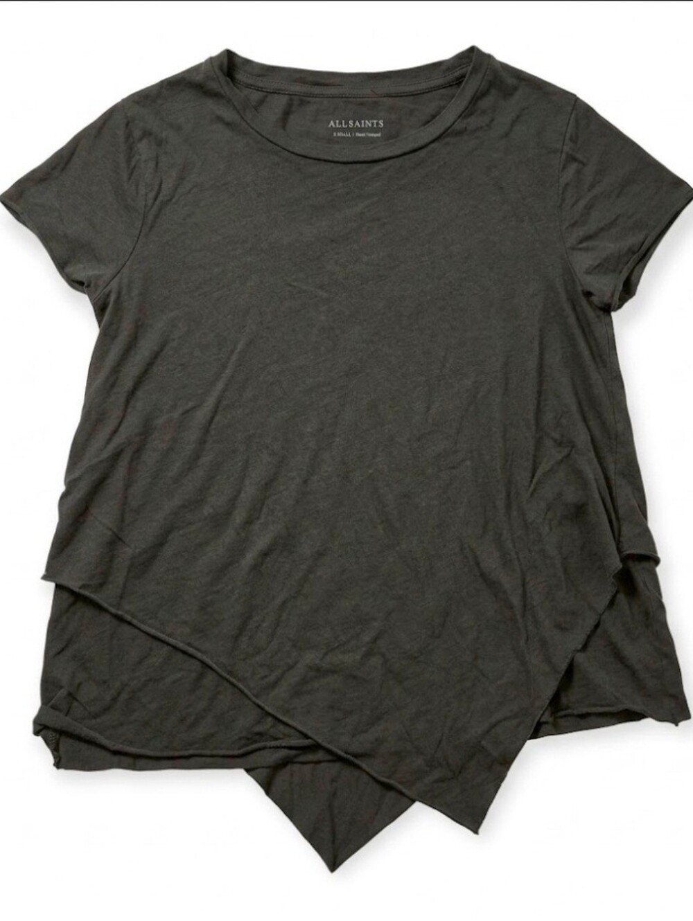 AllSaints Raw Trim Charcoal Daisy Devo Asymmetrical Layered Tee S